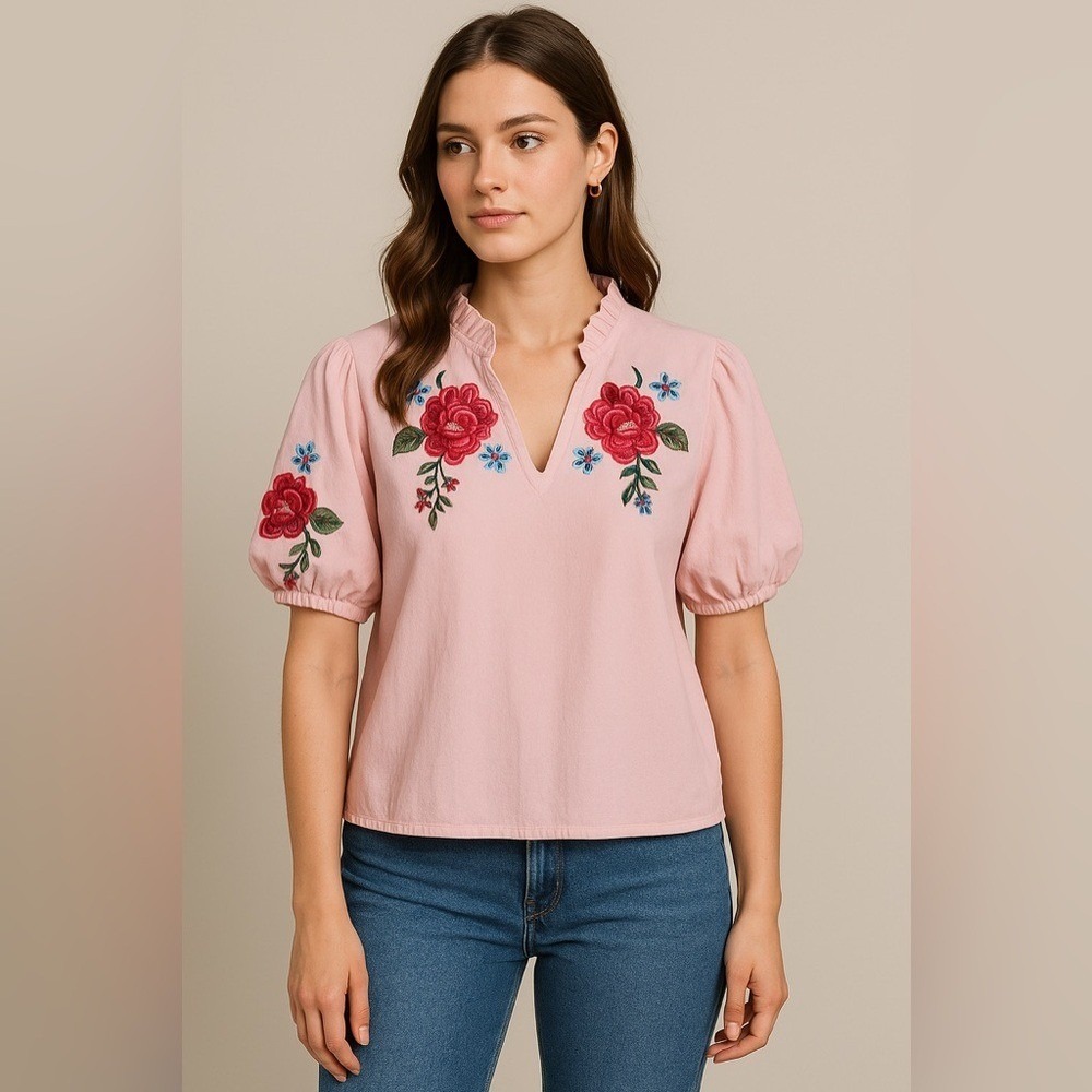 Blush Pink‎ Embroidered Peasant Blouse Floral Cotton Boho Cottagecore Top